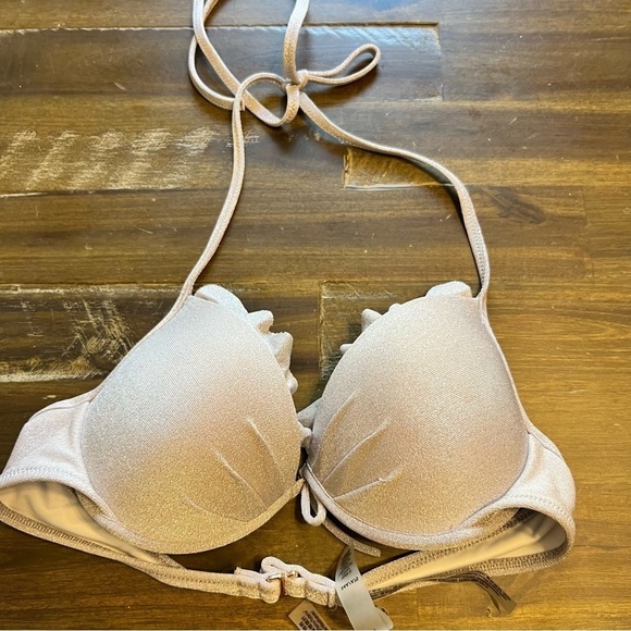Victoria's Secret Silver Metallic Shiny Bikini Padded 34A Halter Ruffle Disco - Picture 1 of 3